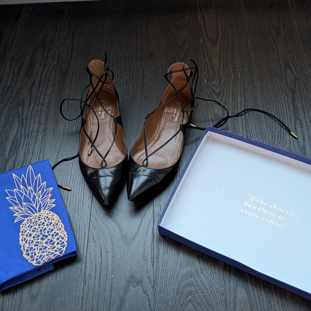 Aquazzura Christy Lace-Up Flats - Black Nappa Leather - Size 38 - w/ Box